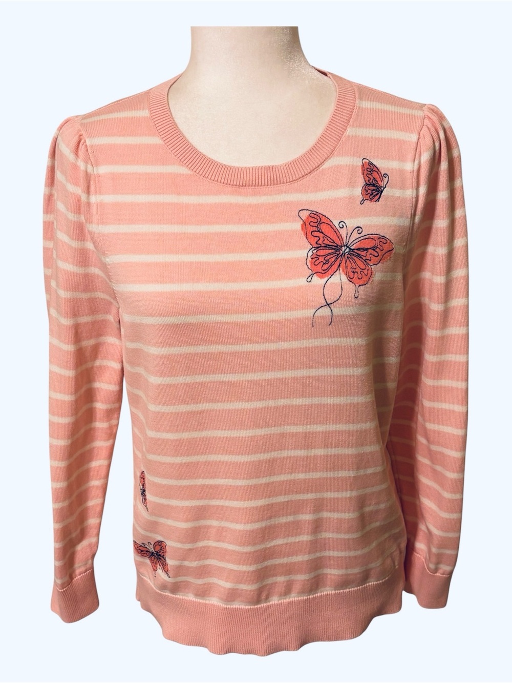 TALBOTS Pink Striped Crewneck Sweater Butterfly Embroidery Size LP